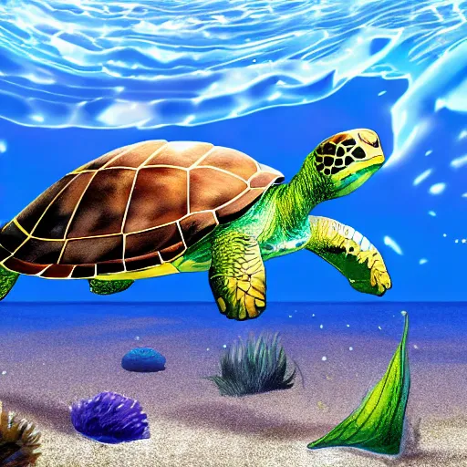 Image similar to pokemon card pokemon realistic, render, unreal beautiful turtle, a ocean and its beautiful fancy, a himself for a blue foreground light