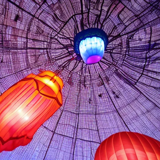 Image similar to at night, nyc, camera looking up, beautiful hot air balloons in a jellyfish shape