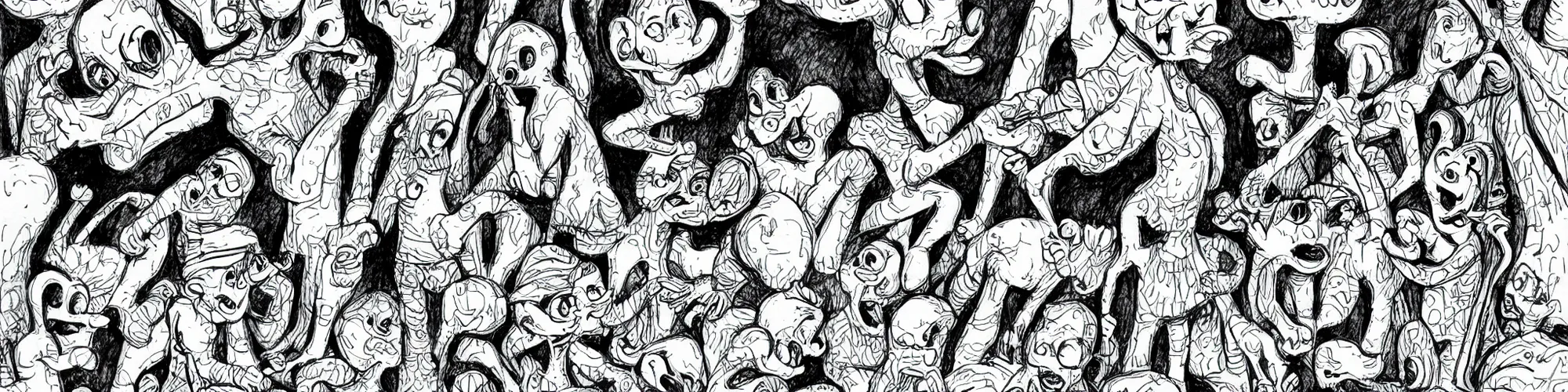 Image similar to smurfs and long whitr bones black and white, line art, pen & ink drawing