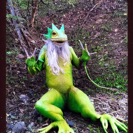 Prompt: photograph of a wizard lizard man at oregon hotsprings