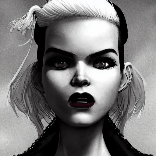 Image similar to epic professional digital art of a young woman with black and white hair looking disgusted away from the camera, Punk, best on artstation, cgsociety, wlop, Behance, pixiv, cosmic, stunning, gorgeous, much detail, much wow, masterpiece