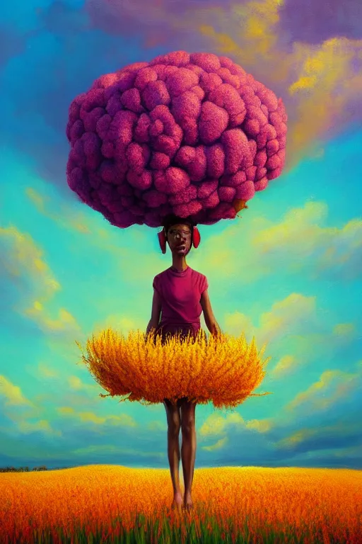 Prompt: closeup, gigantic flower as head, african woman in heather field, surreal photography, golden hour, colorful clouds, impressionist painting, digital painting, artstation, simon stalenhag
