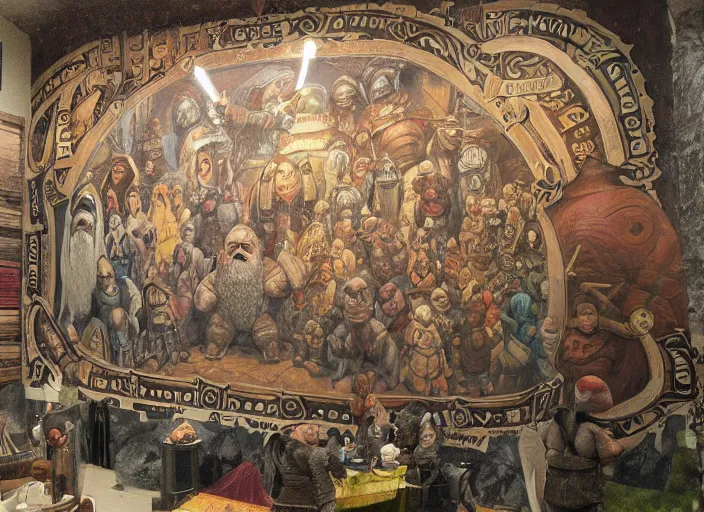 Image similar to dwarven mural depicting a family history of mountain dwarves. a large jewel is the focal point of the mural