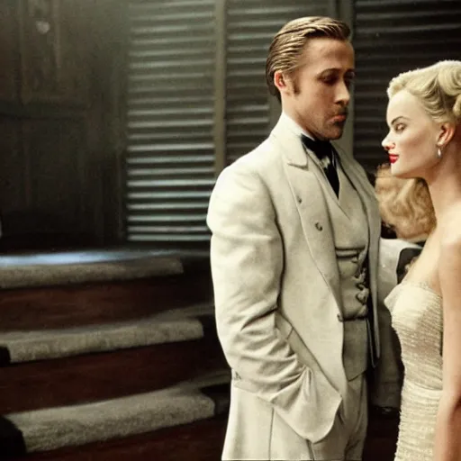 Prompt: still of ryan gosling and margot robbie, in the godfather
