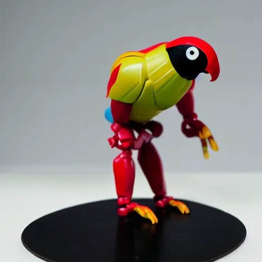 Prompt: 1980s plastic vinyl action figure toy of a humanoid parrot man with muscular arms, studio photography isolated on a white background