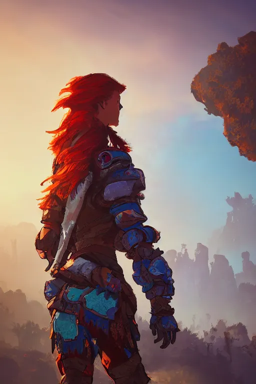 Image similar to combination suit armor aloy horizon forbidden west horizon zero dawn radiating a glowing aura global illumination ray tracing hdr fanart arstation by ian pesty and alena aenami artworks in 4 k tribal robot ninja mask helmet backpack