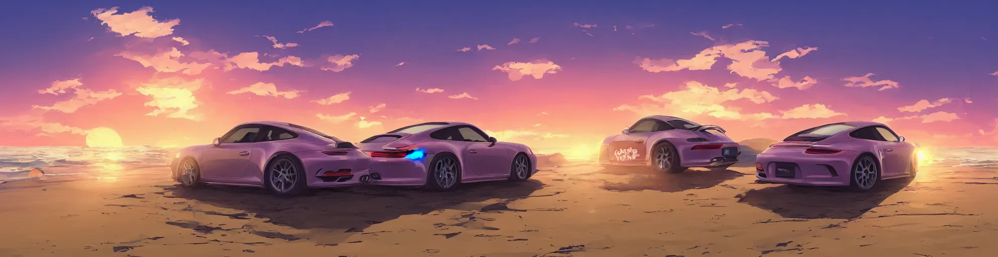 Image similar to beautiful, detailed digital painting of a porsche 9 1 1 on the beach and looking at the sunset, anime by makoto shinkai, sand, waves, trending on artstation