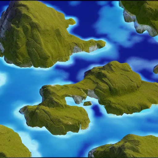 Prompt: a computer generated image of an island in the sky, a screenshot by miyamoto, polycount, dau - al - set, ps 1 graphics, xbox 3 6 0 graphics, prerendered graphics