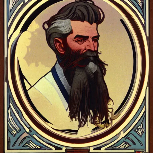 Image similar to a stylized portrait of John Brown with a long beard, stylized, volumetric light from below, hyperdetailed concept art by Bilquis Evely and Alphonse Mucha, 8k