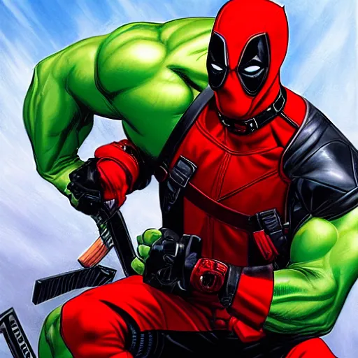 Prompt: a portrait of deadpool fighting the hulk, extremely detailed digital art by mark brooks