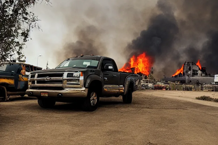 Image similar to lifted pickup in front of burning Disney Land by Emmanuel Lubezki