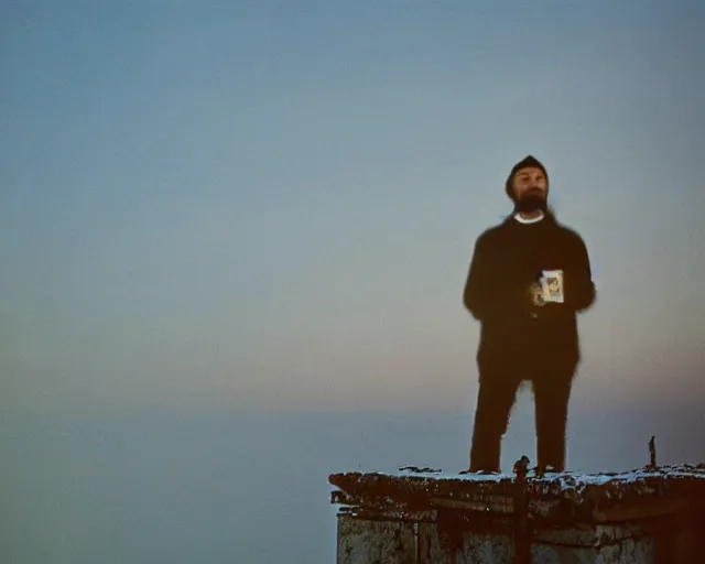 Image similar to award - winning lomographic tarkovsky film still of 4 0 years russian man with beard and sweater standing on small hrushevka 9 th floor balcony in taiga looking at sunset, kodak ektar, bokeh