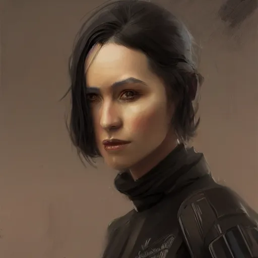 Image similar to portrait of a woman by greg rutkowski, anya solo, black bob hair, tall and slender, star wars expanded universe, wearing a black flying jacket, she is about 2 0 years old, highly detailed portrait, digital painting, artstation, concept art, smooth, sharp foccus ilustration, artstation hq