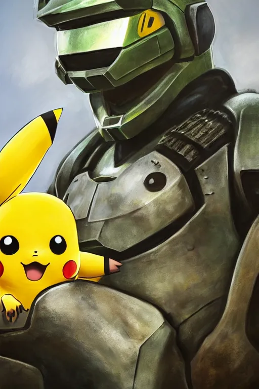 Image similar to pikachu as master chief, oil on canvas, intricate, portrait, 8 k highly professionally detailed, hdr, cgsociety