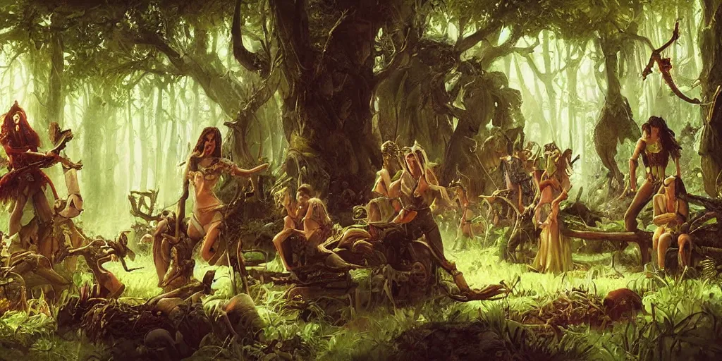 Image similar to fantasy painting with a forest party where witches and pirates are having lots of fun and rum, by Greg Rutkowski and Michael Whelan