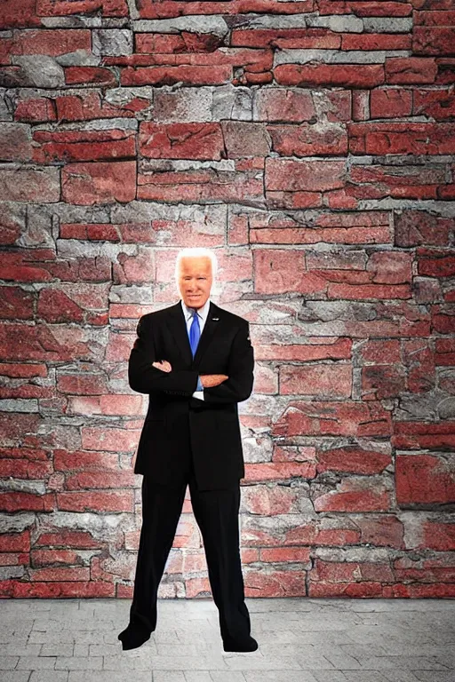 Image similar to biden with glowing red eyes breaking through a brick wall digital art illustration highly detailed lighting from below