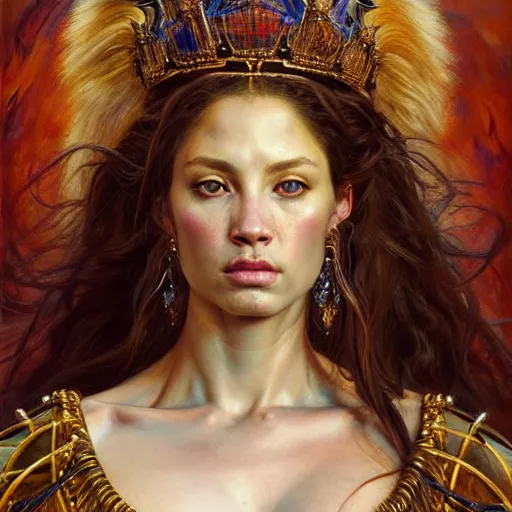 Prompt: highly detailed portrait of a majestic lioness queen in the form of a beautiful woman. d & d. art by donato giancola, eugene delacroix, ruan jia, martin schoeller. trending on artstation, intricate details, energetic composition, golden ratio, concept art, illustration, elegant art, global illuminaition