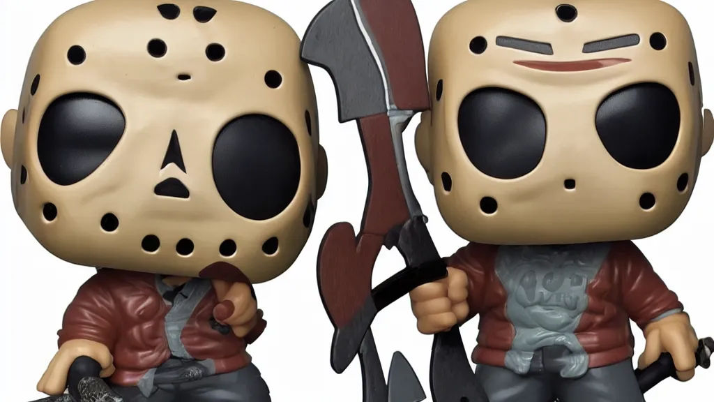 Image similar to a Funko Pop Collectible of Jason Voorhees. Wearing hockey mask, holding axe.