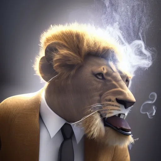 Image similar to a lion smoking a cigar wearing a suit, subject= lion, subject detail: wearing a suit, subject action: smoking a cigar, dramatic lighting, cinematic lighting, establishing shot, photorealistic, high details, cinematic, 8k resolution, extremly detailed, photorealistic, artstation, unreal engine