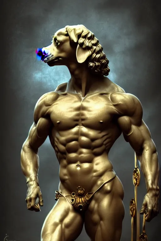 Image similar to dog as a greek god, greek statue, gorgeous, amazing, muscular, fit, very muscular male body, very detailed face, detailed features, fantasy, circuitry, explosion, dramatic, intricate, elegant, highly detailed, digital painting, artstation, concept art, smooth, sharp focus, illustration, art by gustave dore, octane render