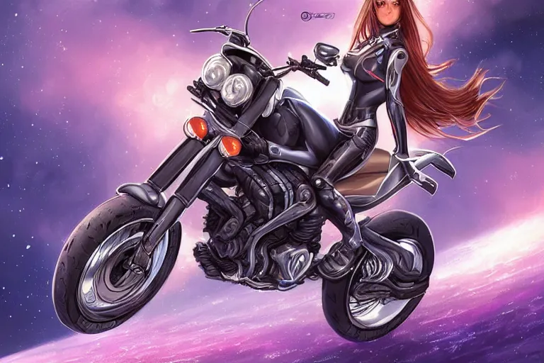 Image similar to a girl is riding a motorbike, the space background, digital painting by artgerm hyperdetailed trending on artstation trending on deviantart