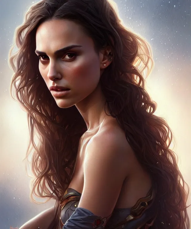 Prompt: half Nathalie portman half jessica alba portrait, sci-fi, amber eyes, beautiful face, appealing long hair, fantasy, intricate, elegant, highly detailed, digital painting, artstation, concept art, smooth, sharp focus, illustration, art by artgerm and greg rutkowski and alphonse mucha