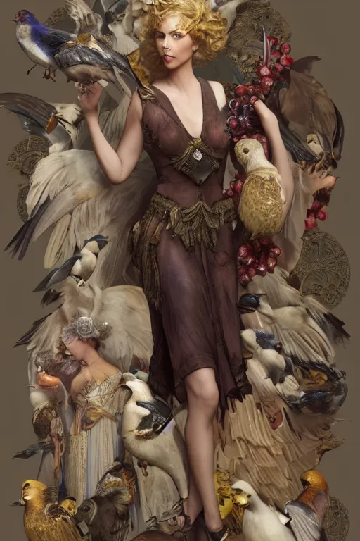 Prompt: charlize theron 3 d render of english princess holding birds, ornaments, mucha vibe, dieselpunk, solarpunk, artstation