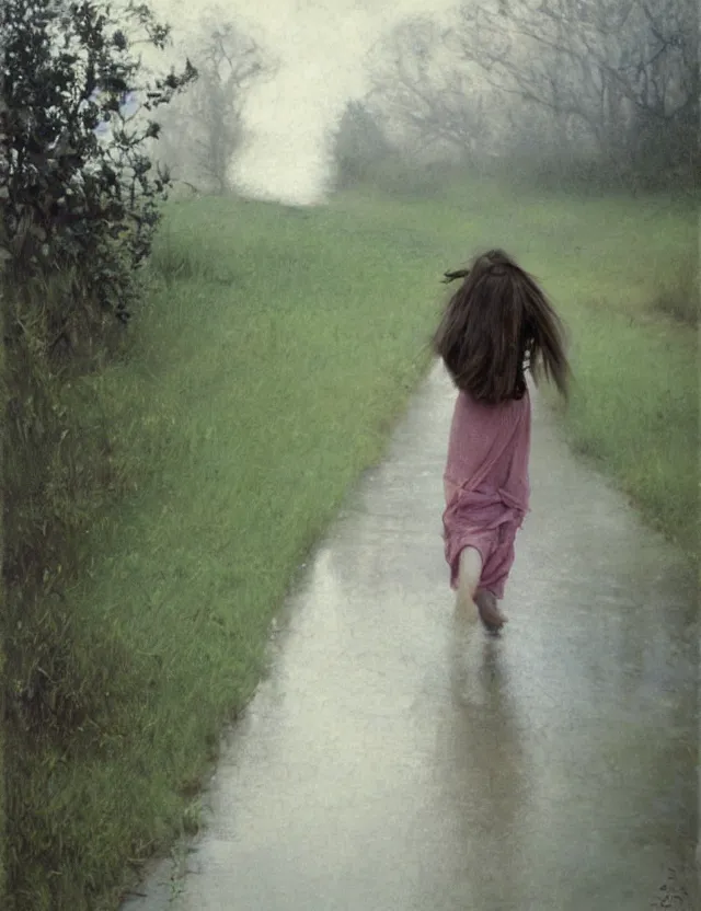 Image similar to peasant girl with long hair running under the rain, cottage core, cinematic focus, polaroid photo bleached vintage pastel colors high - key lighting, soft lights, foggy, by steve hanks, by lisa yuskavage, by serov valentin, by tarkovsky, oil on canvas