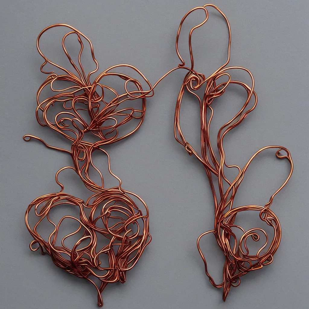 Image similar to a very beautiful tiny ( ( ( ( human heart ) ) ) )!!!!!!!!!!!!!!!!!!!!!!!!! organic sculpture made of copper wire and threaded pipes, very intricate, curved. studio lighting, high resolution, high quality, black background