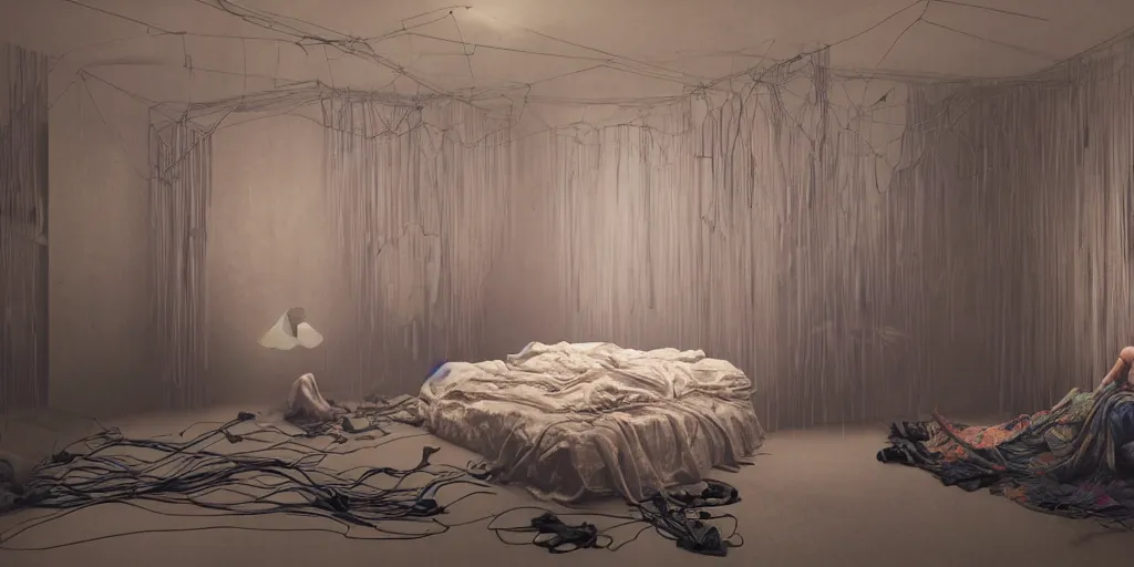 Image similar to rgb, glowing, depression!!!!!, maximalist bedroom, woman, cinematic, movie scene, inspired by zdzislaw beksinski, clothes made out of veins,, cables everywhere, bedroom, ultra realistic, concept art, intricate details, highly detailed, photorealistic, octane render, 8 k