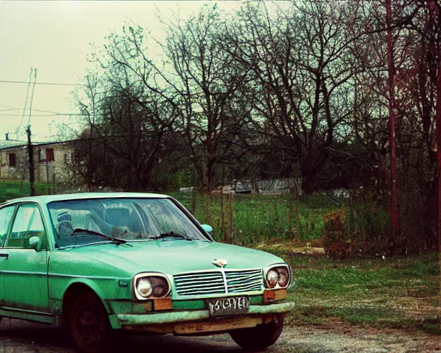 Image similar to a lomographic photo of old lada 2 1 0 7 standing in typical soviet yard in small town, hrushevka on background, cinestill, bokeh