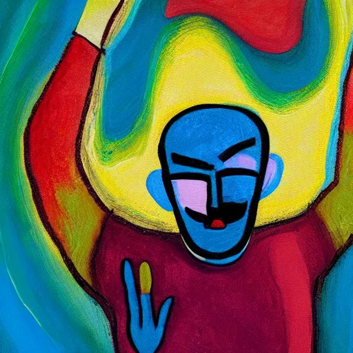 Image similar to colorful abstract painting of maniac bald man with brown beard stretching face with hands