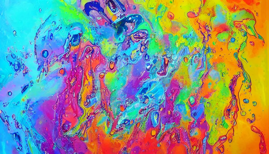 Image similar to trippy painting on canvas, watedrops, water droplets, acrylic painting, acrylic pouring, painting, influencer, artstation - h 8 0 0