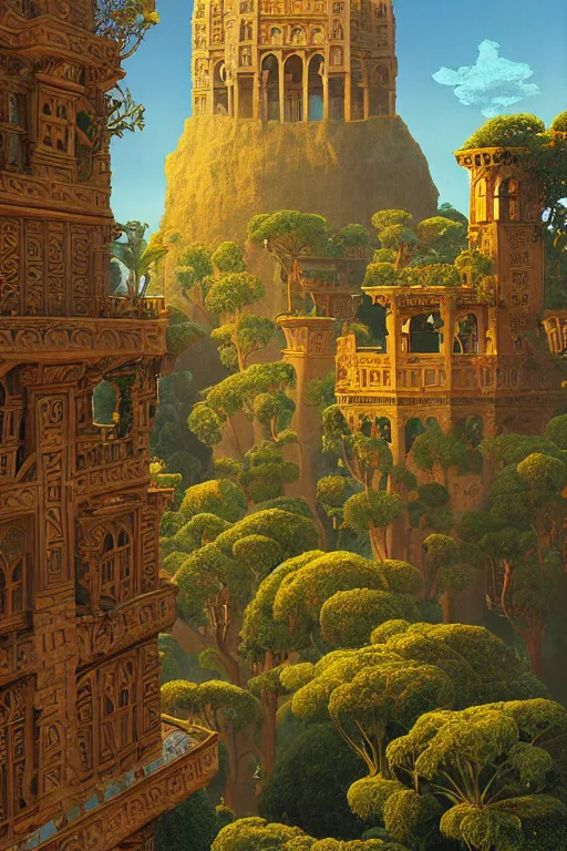 Image similar to ancient carved tower of the moon in its gardens fairytale illustration, elaborate latticed balconies, tall windows, moorish architecture, formal gardens, dramatic cinematic lighting, soft colors, golden age illustrator, unreal engine, by Ludwig Deutsch and Andreas Rocha and (Maxfield Parrish and Nicholas Roerich)