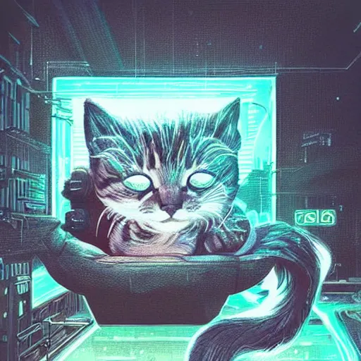 Image similar to little cat sleeping in a cyberpunk world, hyper realistic, realistic, neon