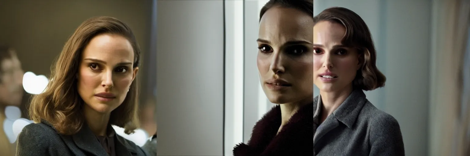 Prompt: close-up of Natalie Portman as a detective in a movie directed by Christopher Nolan, movie still frame, promotional image, imax 70 mm footage