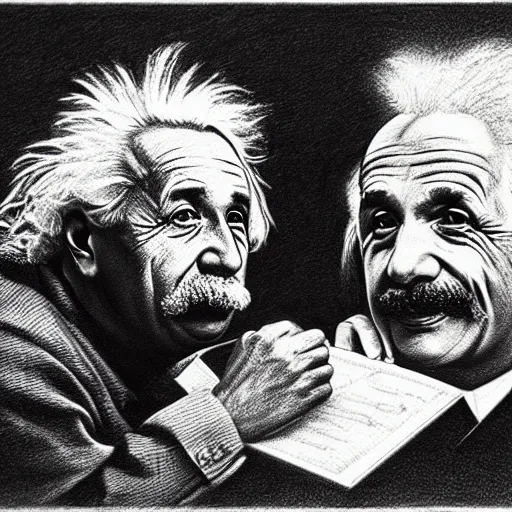 Image similar to Einstein and Newton speaks each other on a topic, pencil drawing, ultra detailed