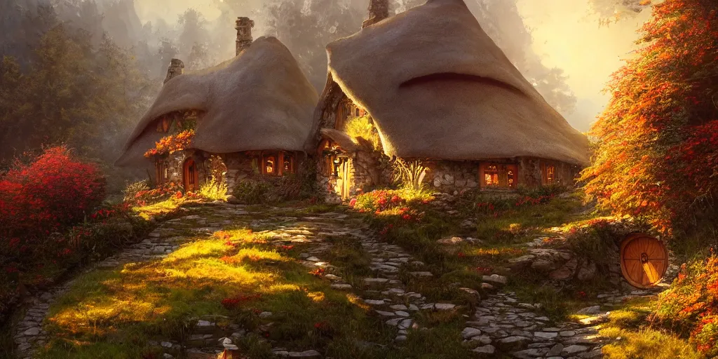 Image similar to a hobbit cottage on top of a steep hill, greg rutkowski, zabrocki, moebius, karlkka, jayison devadas, highly detailed, autumn sunlights, smoky atmosphere, ( ray of sunlight ), trending on artstation, 8 k, ultra wide angle, zenith view, pincushion lens effect