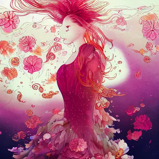 Image similar to Ginger woman in a swirling sundress of flowers, underwater, floral explosion, radiant light, vortex of plum petals, by WLOP, Victo Ngai and artgerm, artstation, deviantart