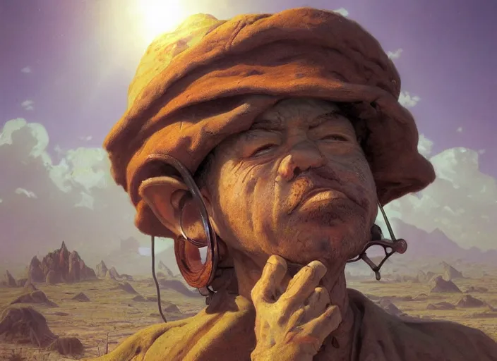 Image similar to a forgotten garden gnome surviving in a vast barren desert, hopeless wasteland background with a relentless raging sun overhead, hot, oppressive, an ultrafine detailed painting by stanley artgerm lau, greg rutkowski, thomas kindkade, alphonse mucha, loish, trending on deviantart, pop surrealism, whimsical, lowbrow, perfect symmetrical face