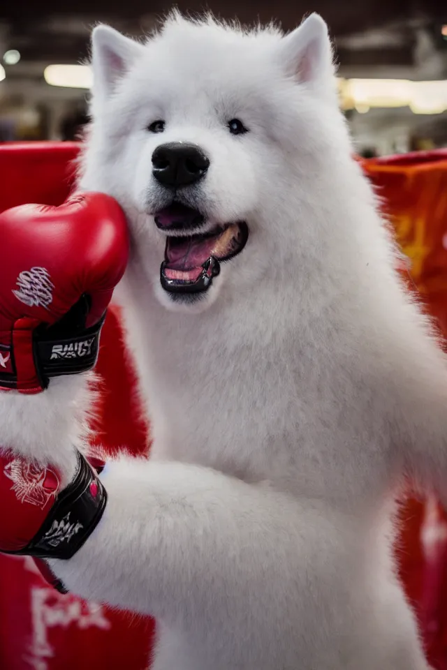 Image similar to samoyed dog head on a human body as a muay thai kickboxer, gloves on hands, Rajadamnern Stadium, world championship fight, photorealistic, cinematic lighting, 4k