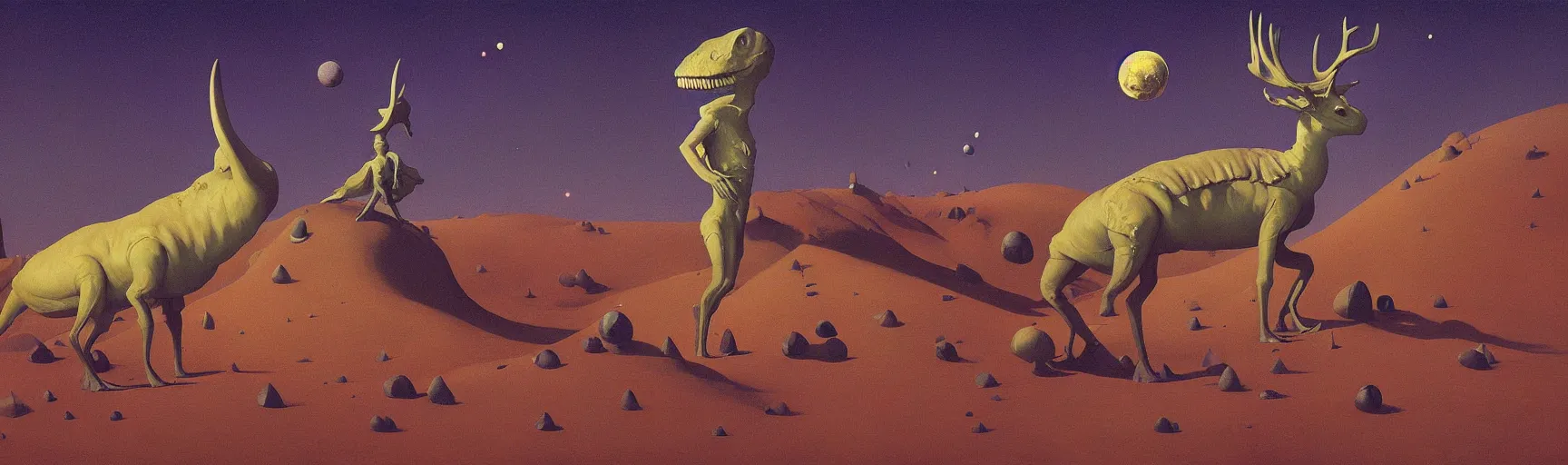 Prompt: a deer horned astronaut stands atop a melting dinosaur on the moon, Edward Hopper and James Gilleard, Zdzislaw Beksinski, Mark Ryden, Wolfgang Lettl highly detailed, hints of Yayoi Kasuma, Odilon Redon. Drexler