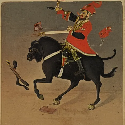 Prompt: The Monkey in a General's Uniform riding a charging Ram into battle