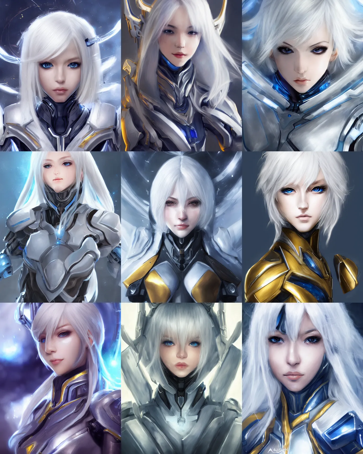 Prompt: detailed portrait of perfect white haired girl, android, warframe armor, beautiful, dreamy, pretty face, blue cyborg, eyes, scifi, 4 k, blue, gold, sun yunjoo, ultra realistic, aura of light, cinematic lighting, intricate, highly detailed, sharp focus, masterpiece, art by akihito tsukushi