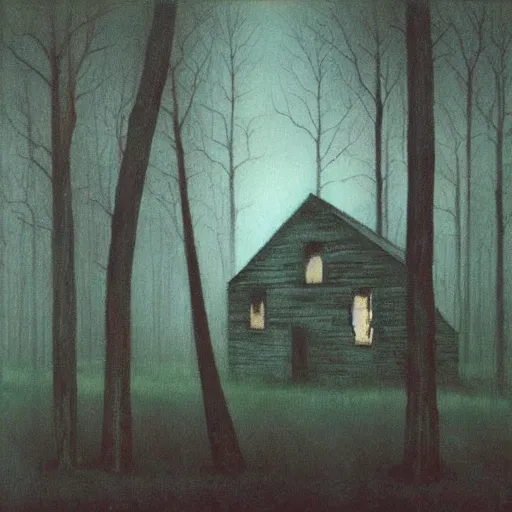 Image similar to a painting of a eerie cabin in the middle of the woods in the style of beksinski