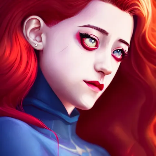 Image similar to a portrait of Lili Reinhart Batgirl comics, red hair, art by lois van baarle and loish and ross tran and rossdraws and sam yang and samdoesarts and artgerm, digital art, highly detailed, intricate, sharp focus, Trending on Artstation HQ, deviantart, unreal engine 5, 4K UHD image