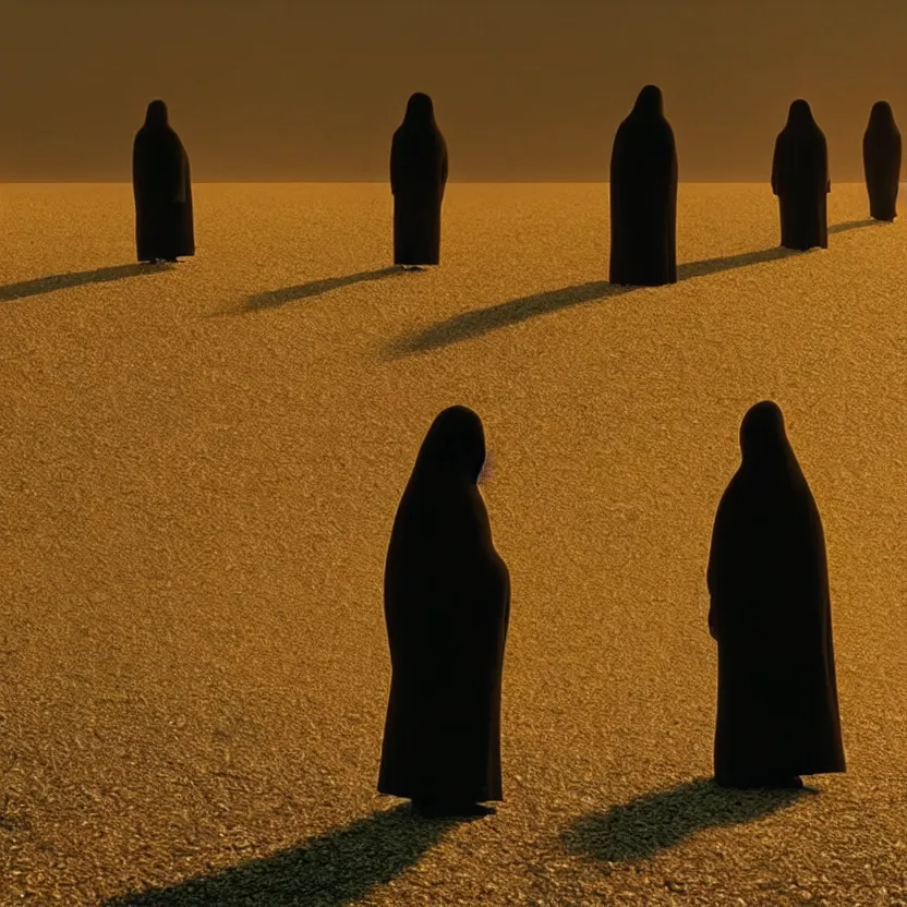 Image similar to thumb people, golden hour lighting, cinematic film still from the movie directed by denis villeneuve with art direction by wayne barlowe and salvador dali, wide lens, f 3 2