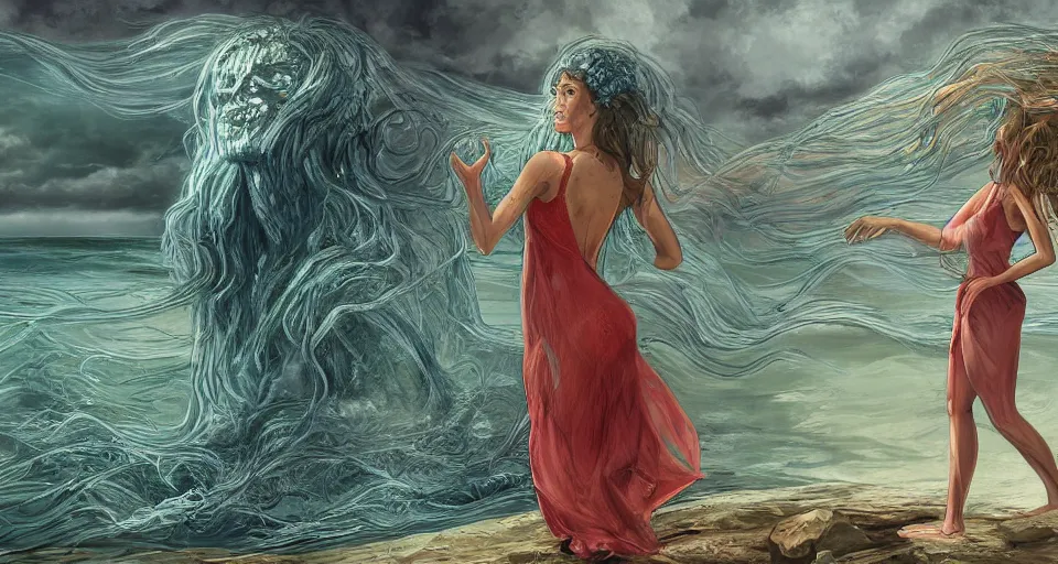 Prompt: A woman wearing a sundress watching as an eldritch sea god emerges from the ocean, digital art, detailed