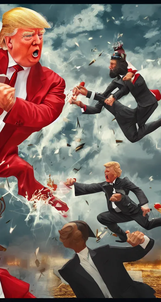 Prompt: Donald Trump fighting Karl Marx, highly detailed, award-winning, digital art, artstation, 8K