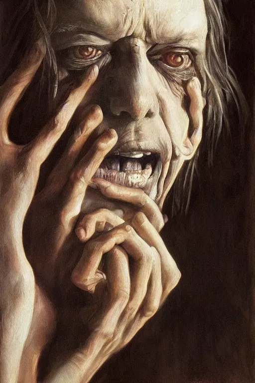 Image similar to beautiful clean oil painting of haunting, scary, portrait study by bernie wrightson, detailed, stunning, realistic